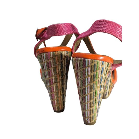 Unlisted by Kenneth Cole Orange Pink Strappy Women's 6.5 Basket Weave Wedge - Picture 3 of 8
